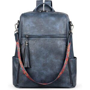 Women's Dusty Blue Retro Style Backpack Designer 15.6 inch PU Leather Laptop Bag
